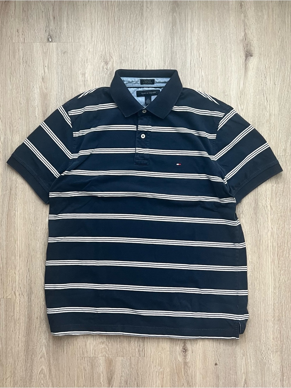 Tommy Hilfiger Polo Shirt Mens Large Black White Striped Cotton Classic Fit